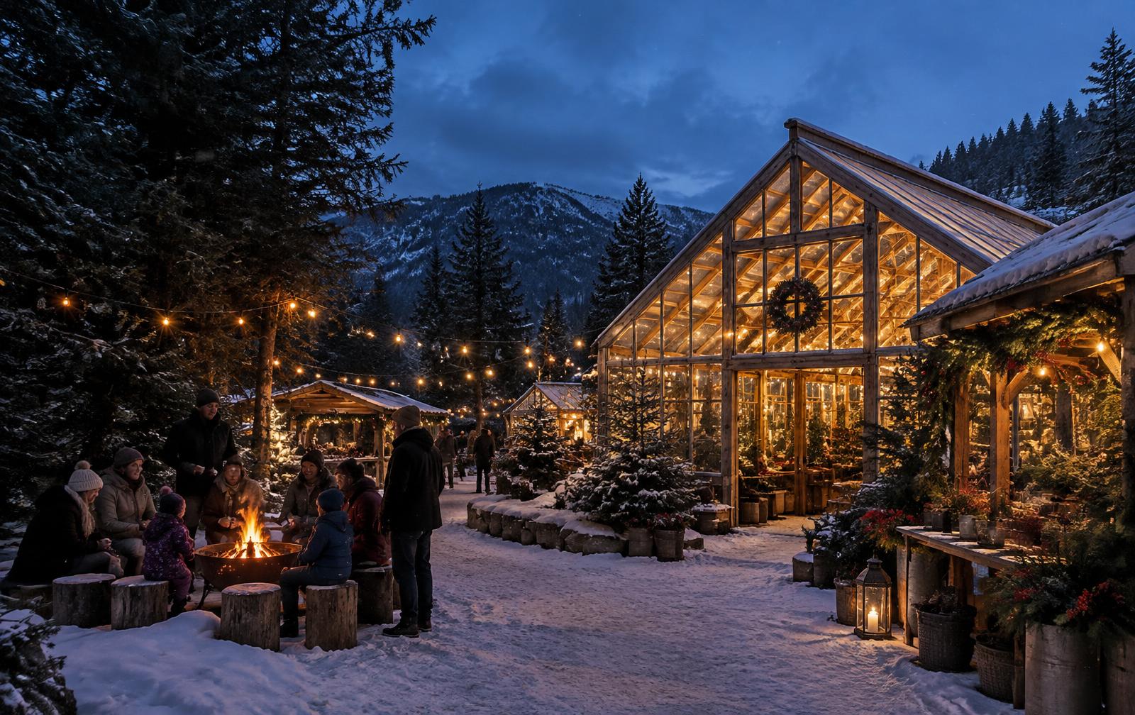Illustrative snowy Christmas gathering at a glowing community greenhouse