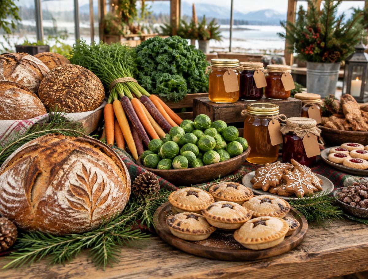 Local-style produce, bread, honey and Christmas baking